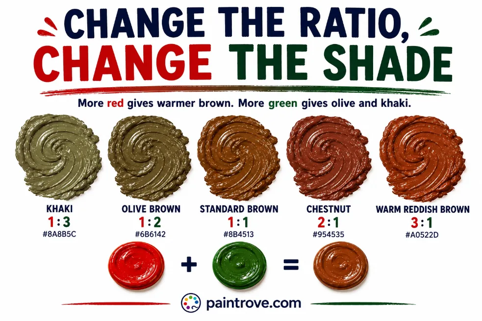 Red and green mixing ratios create chestnut, standard brown, and olive brown shades.