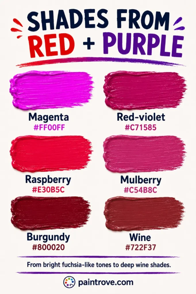 Red and purple mixed create magenta, red-violet, raspberry, mulberry, burgundy, and wine shades.