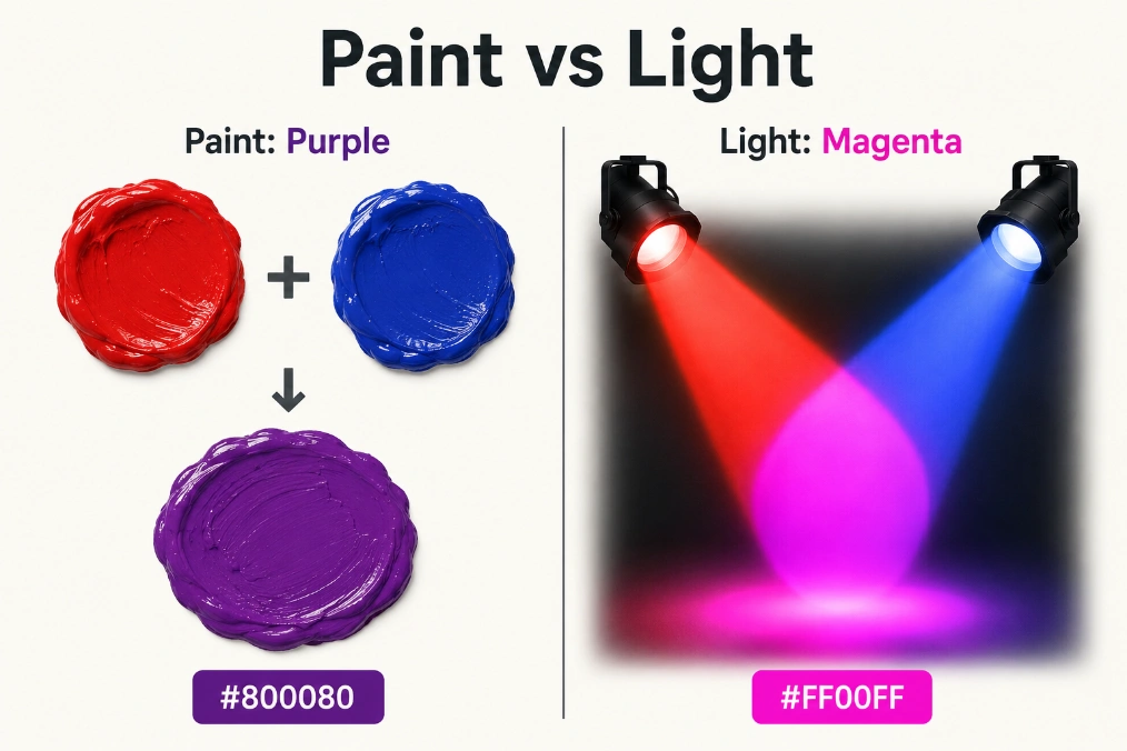 Red and blue make purple in paint, while red and blue mixed as light make magenta.