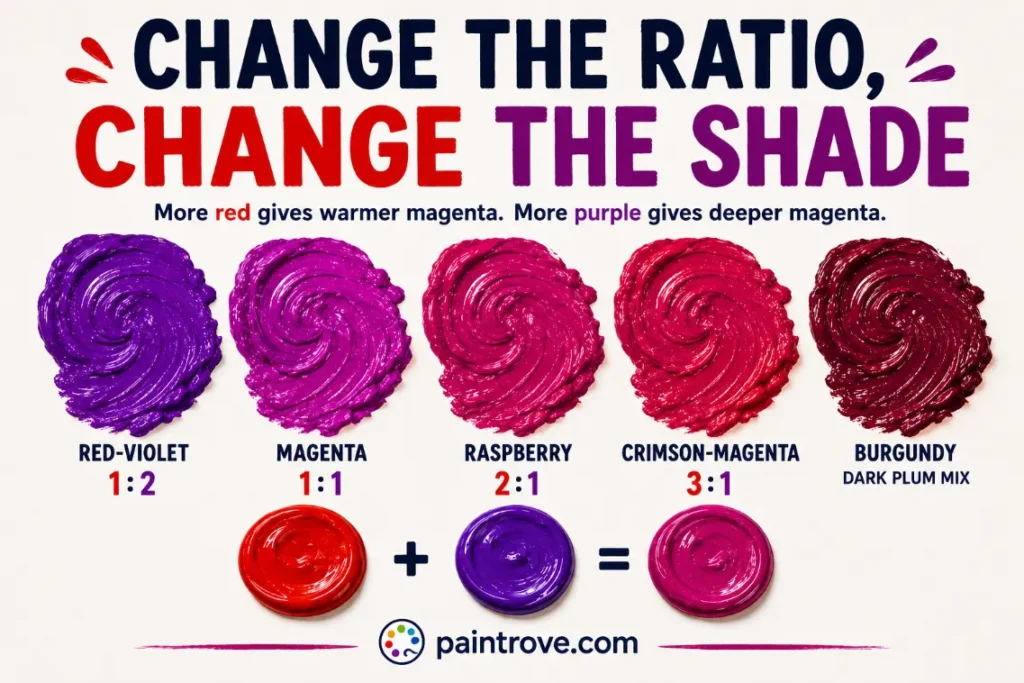 Red and purple mixed in different ratios create red-violet, magenta, raspberry, crimson-magenta, and burgundy.