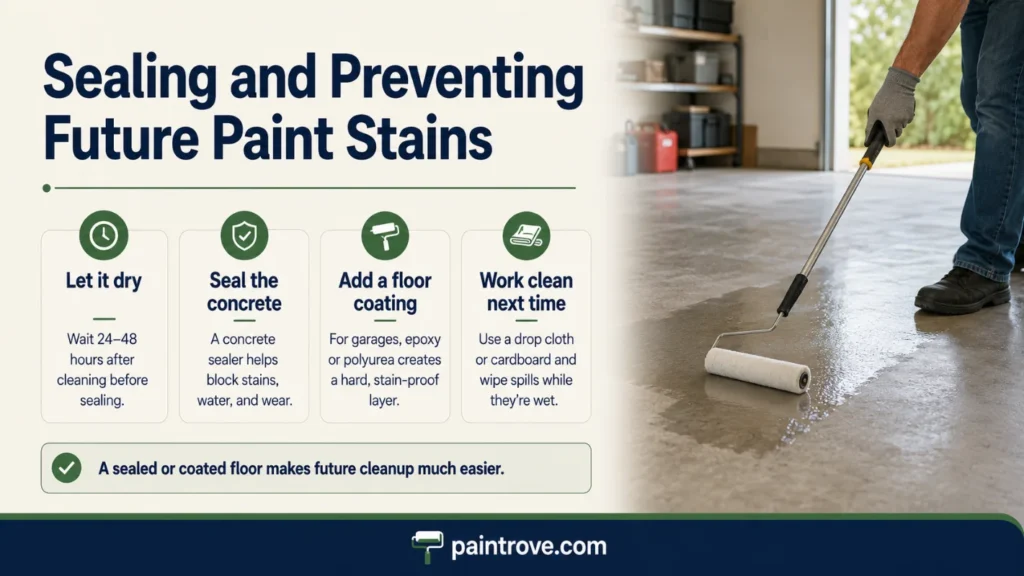 Seal concrete after paint removal to prevent future stains with sealer, coating, and drop cloths.
