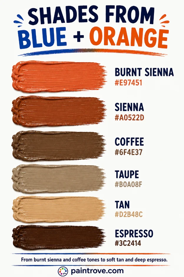 Shades blue and orange make when mixed include burnt sienna, sienna, coffee, taupe, tan, and espresso.