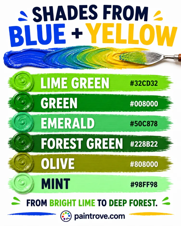 Shades blue and yellow make when mixed, including lime, green, emerald, forest green, olive, and mint.