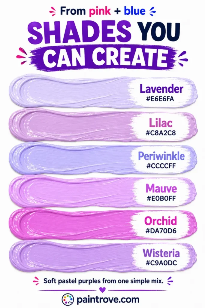 Shades pink and blue make, including lavender, lilac, periwinkle, mauve, orchid, and wisteria.