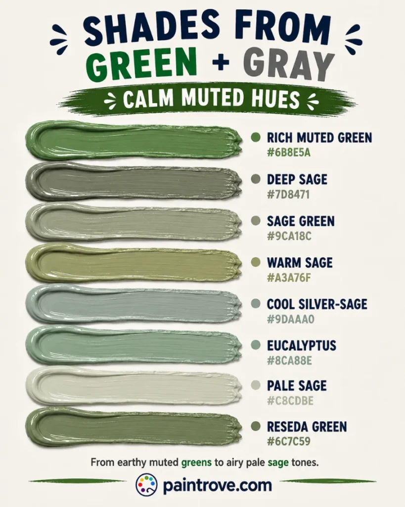 Green and gray color palette featuring rich muted green, deep sage, sage green, warm sage, silver-sage, eucalyptus, pale sage, and reseda green.