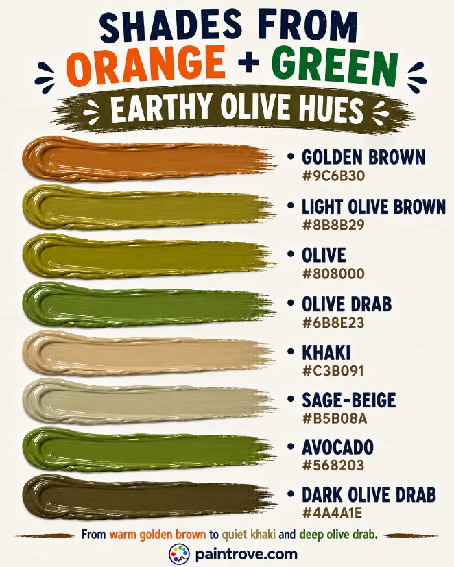 Shades orange and green make when mixed include golden brown, olive, khaki, sage-beige, and avocado.