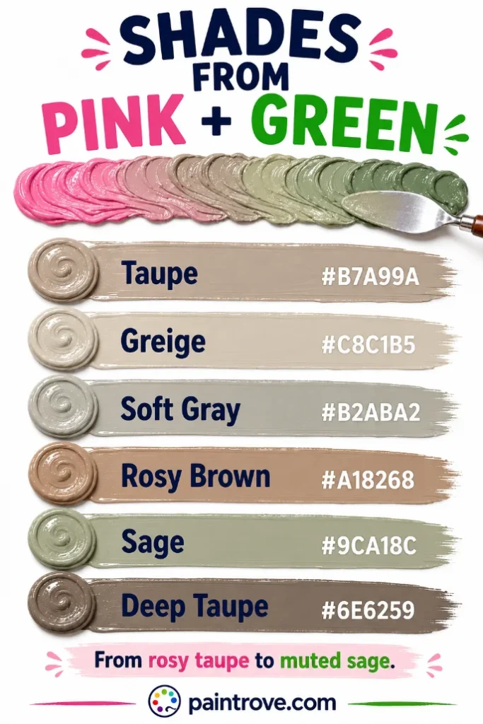 Shades pink and green make when mixed, including taupe, greige, soft gray, rosy brown, and sage.