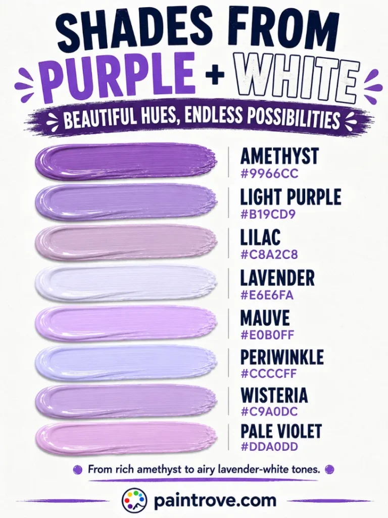 Shades purple and white make when mixed, including amethyst, lilac, lavender, mauve, and periwinkle.