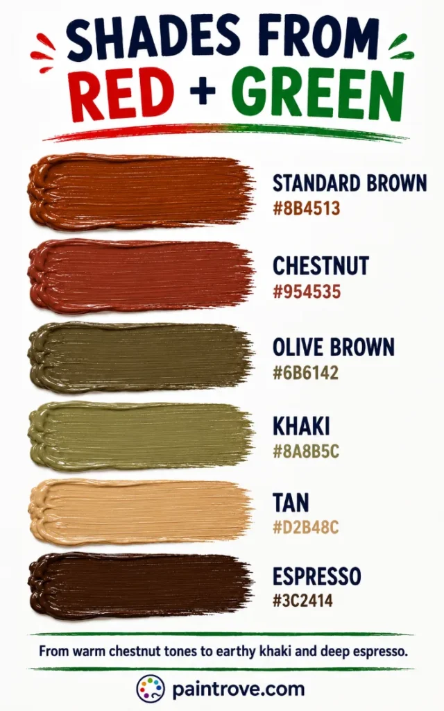 Shades red and green make when mixed include brown, chestnut, olive brown, khaki, tan, and espresso.