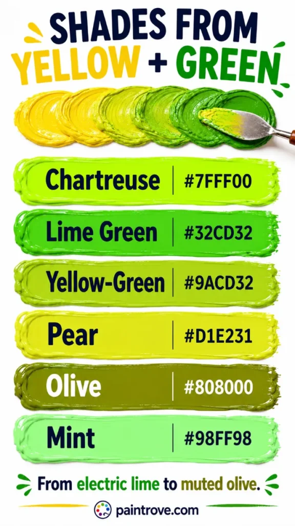 Shades yellow and green make when mixed, including chartreuse, lime, yellow-green, olive, and mint.