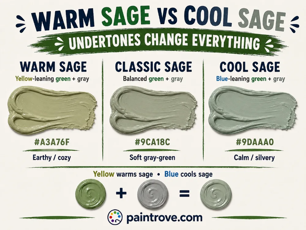 Warm sage, classic sage, and cool sage paint colors compared by yellow, balanced, and blue undertones.