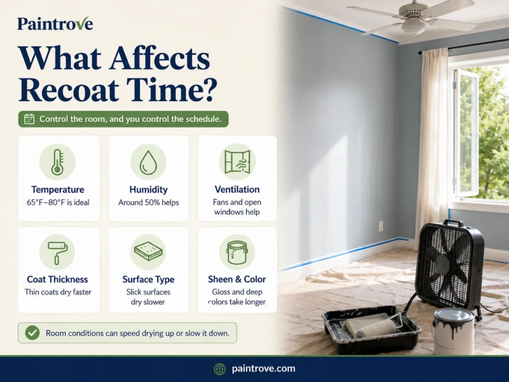 What affects paint recoat time, including temperature, humidity, airflow, surface type, and coat thickness