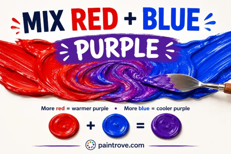 What red and blue make: purple paint blended from red and blue with hex code #800080.