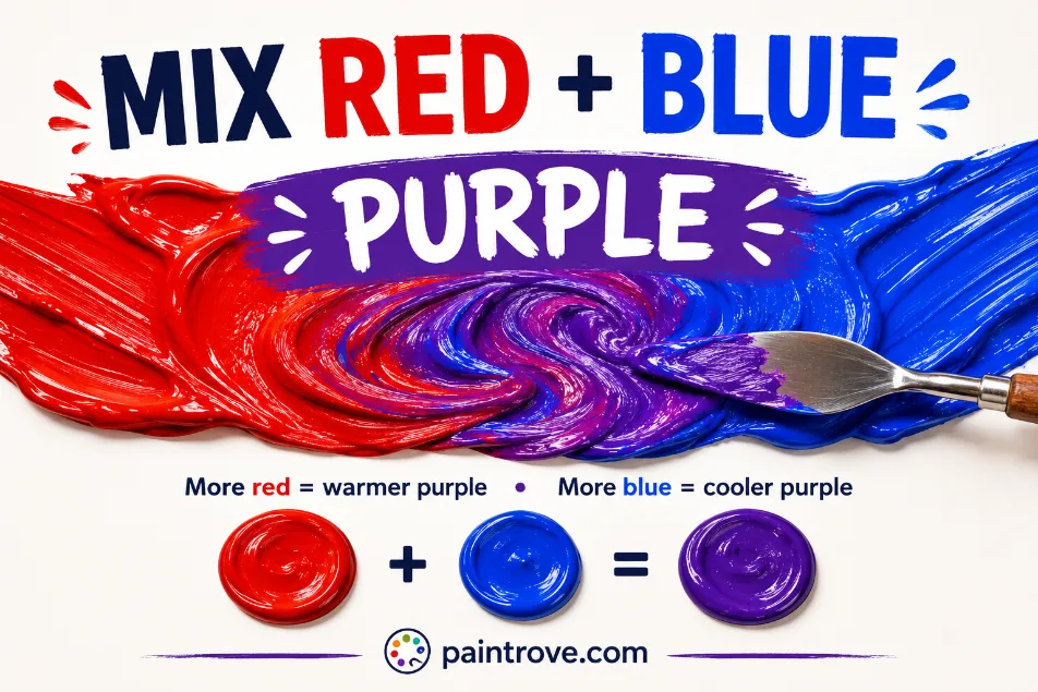 What red and blue make: purple paint blended from red and blue with hex code #800080.