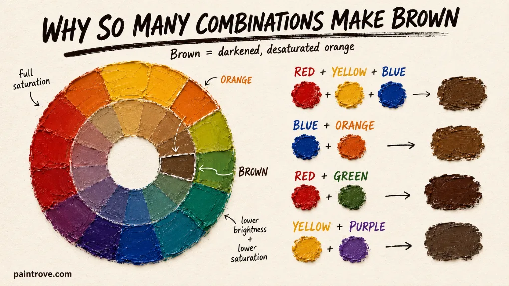 What colors make brown shown with a color wheel and four mixing combinations.