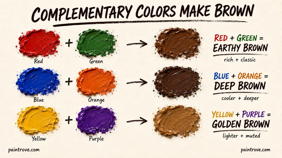 What colors make brown using red-green, blue-orange, and yellow-purple pairs.