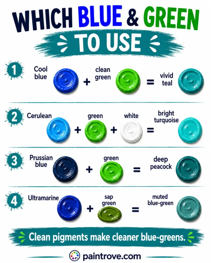 Blue and green mixing ratios create peacock, teal, sea green, turquoise, and seafoam.