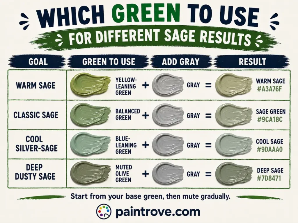 Chart showing which green paint to mix with gray for warm sage, classic sage, cool sage, and deep sage.