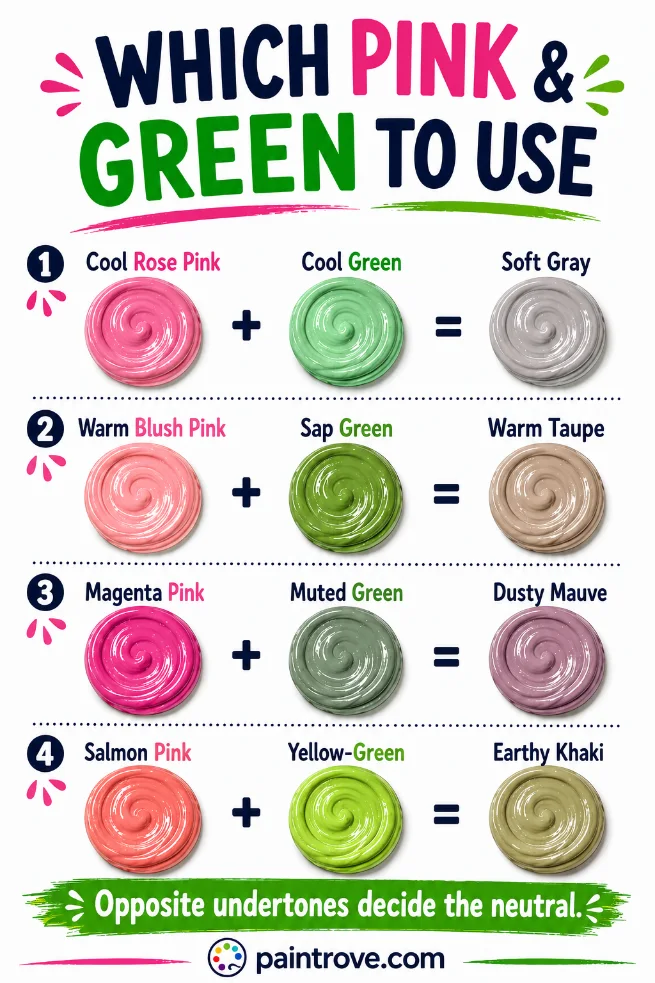 Which pink and green paints make soft gray, warm taupe, dusty mauve, and earthy khaki.