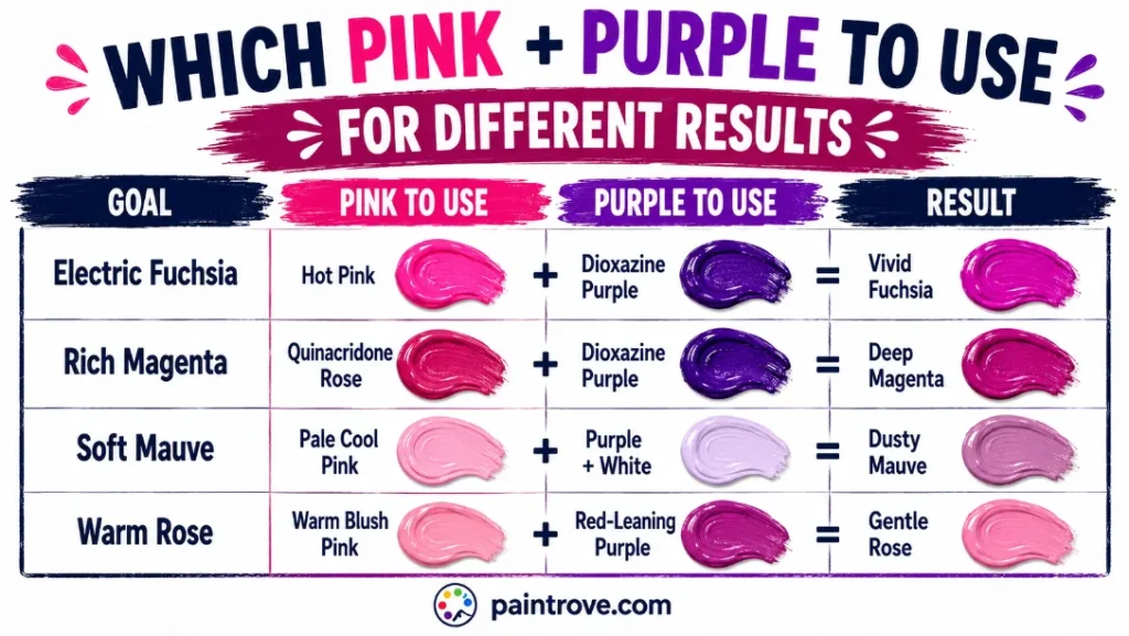 Which pink and purple paints create electric fuchsia, rich magenta, soft mauve, and warm rose.