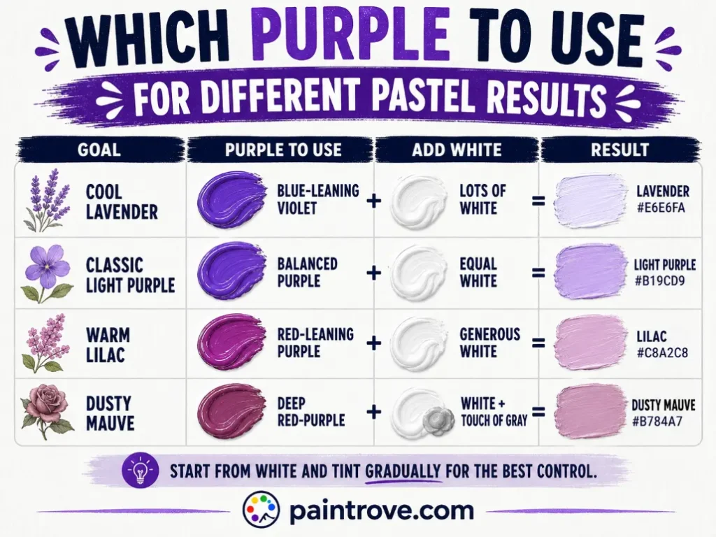 Which purple to mix with white for cool lavender, light purple, warm lilac, and dusty mauve.