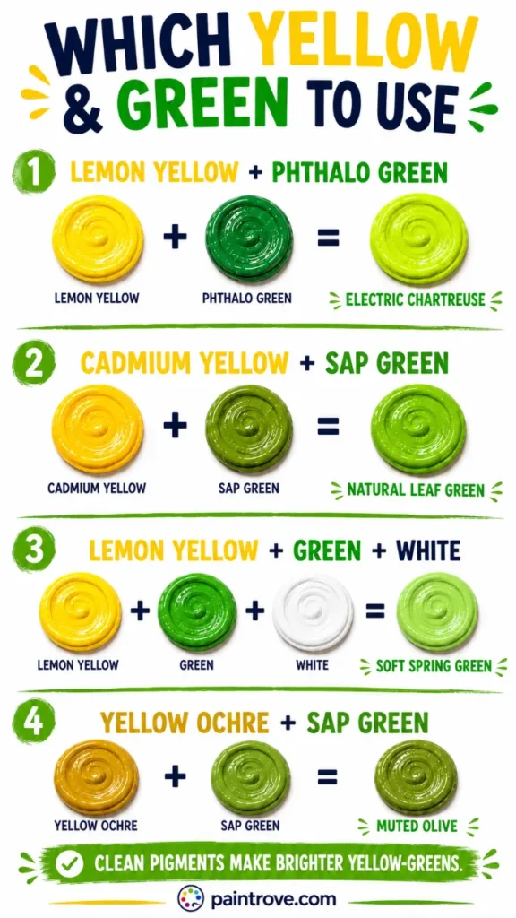 Which yellow and green paints create electric chartreuse, leaf green, spring green, and muted olive.