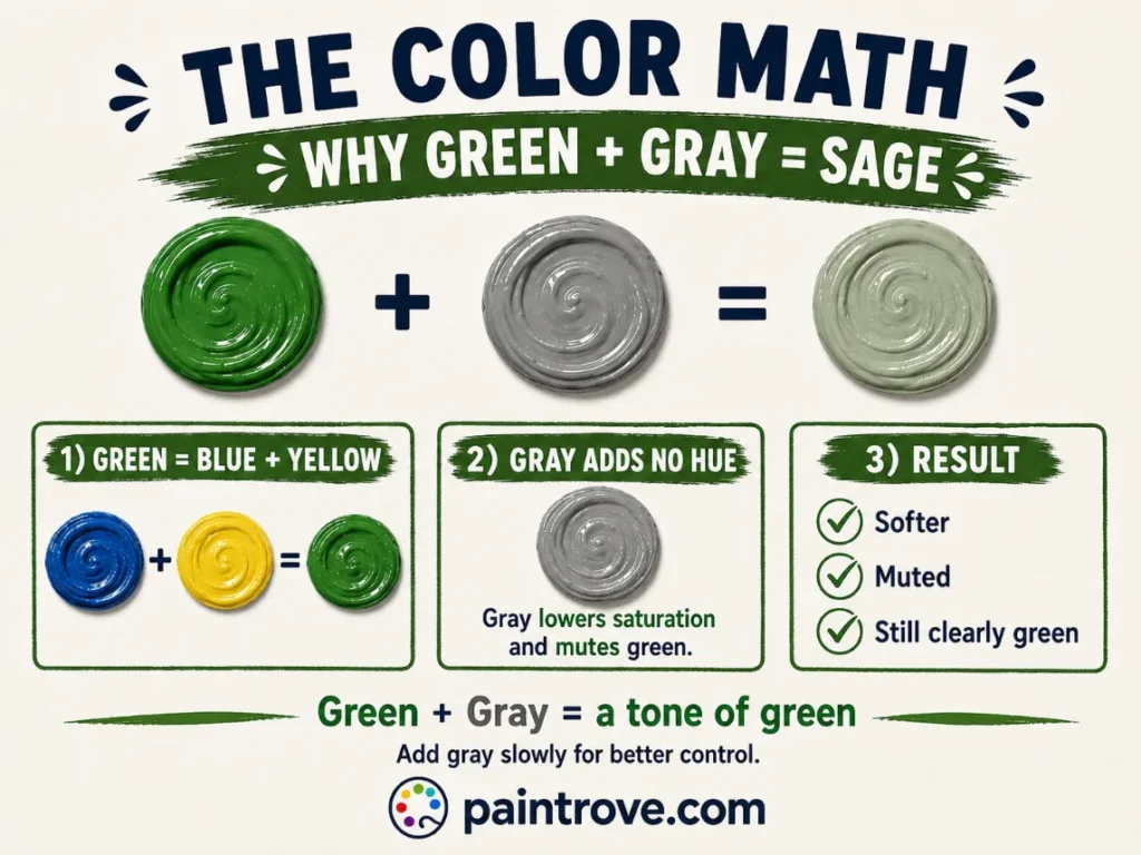 Color-mixing diagram explaining why green and gray make a softer, muted sage-green color.