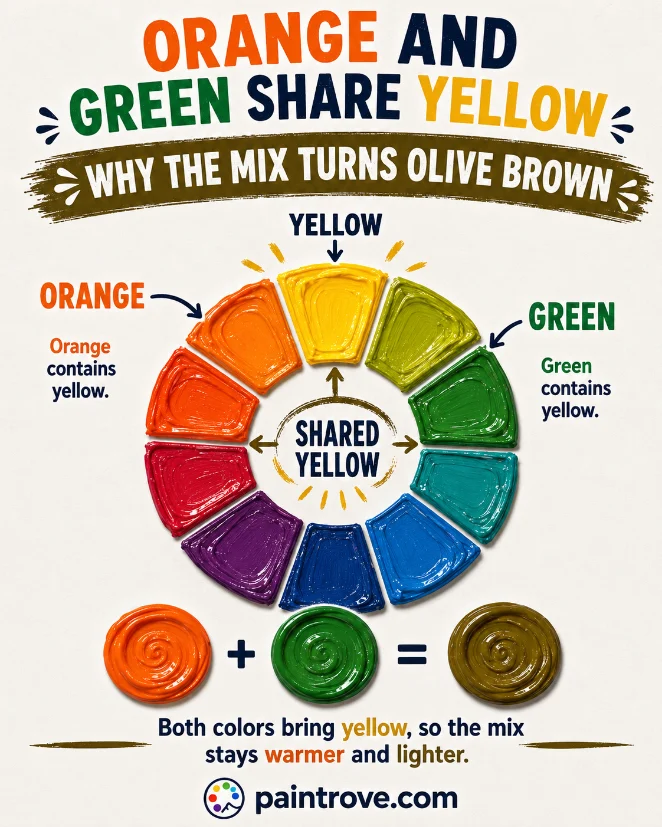 Orange and green share yellow, so the mixed result stays warm and turns into olive brown.