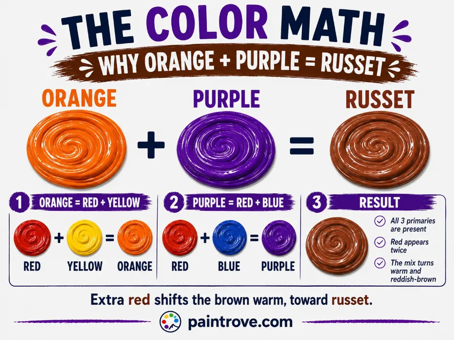 Orange and purple make russet because their combined primary colors create a red-heavy brown.
