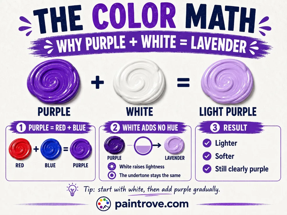 Purple and white make lavender because white raises lightness without changing the purple hue.