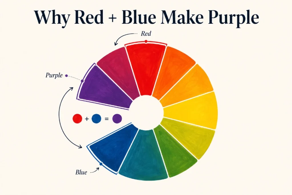 Color wheel showing what red and blue make, with purple placed between red and blue.
