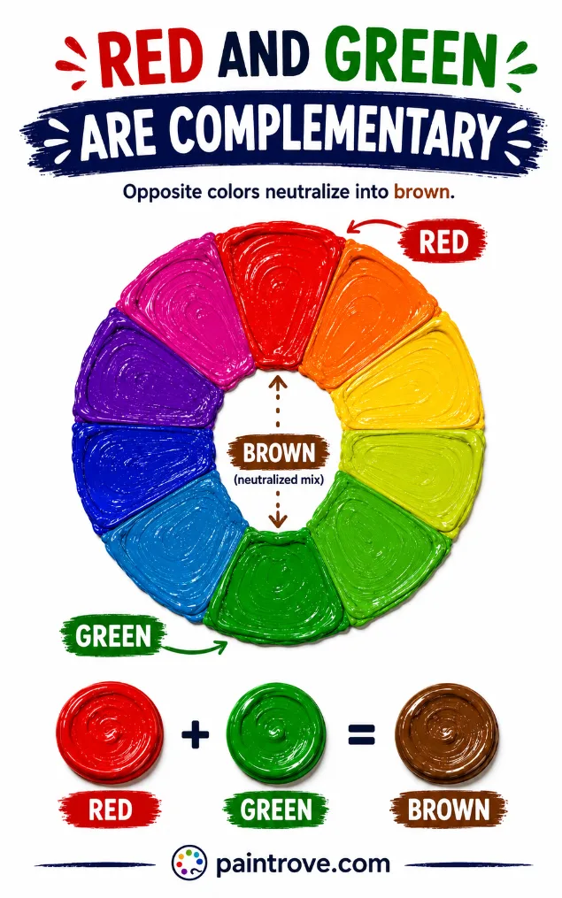 Red and green make brown because complementary colors neutralize each other on the color wheel.