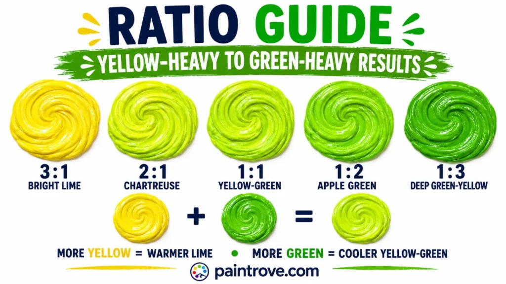 Yellow and green mixing ratios showing bright lime, chartreuse, yellow-green, apple green, and deep green.