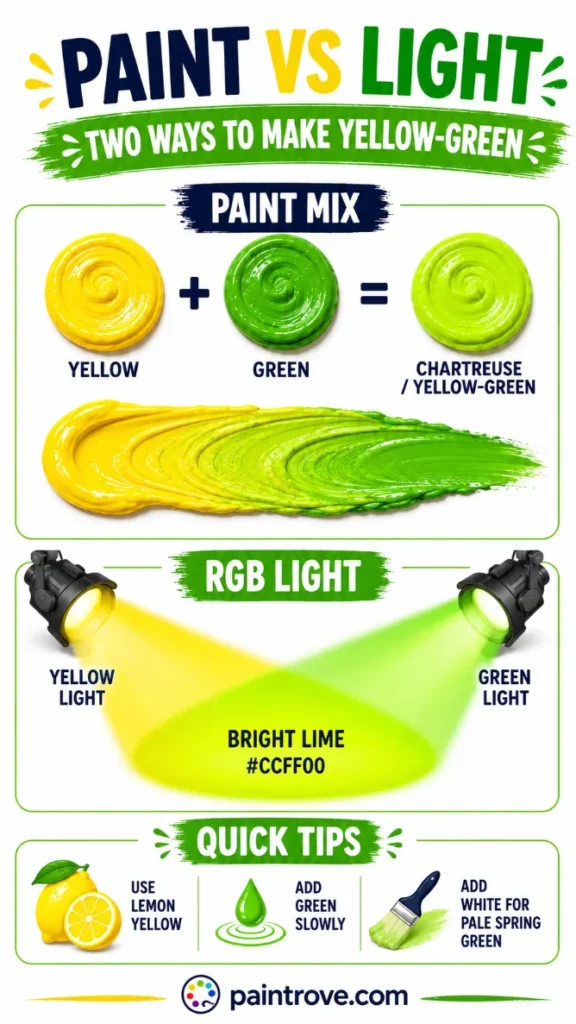 Yellow and green mixed in paint make chartreuse, while yellow and green light create bright lime.