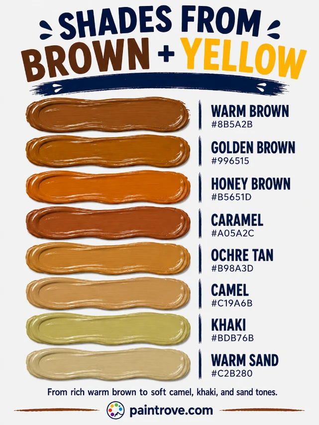 Brown and yellow make warm shades from golden brown and caramel to camel, khaki, and sand.