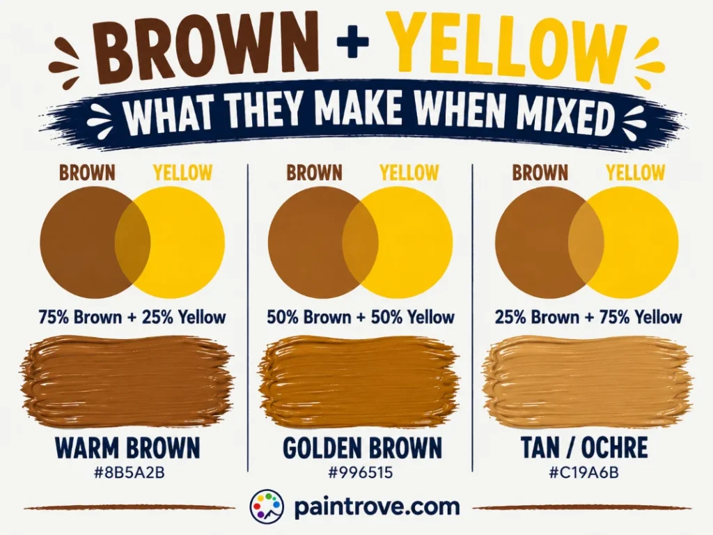 Brown and yellow make warm brown, golden brown, or tan depending on the mixing percentage.