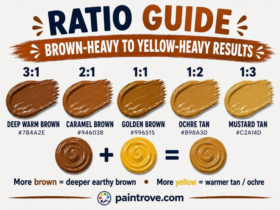 Brown and yellow make shades from deep warm brown to golden brown, ochre tan, and mustard tan.