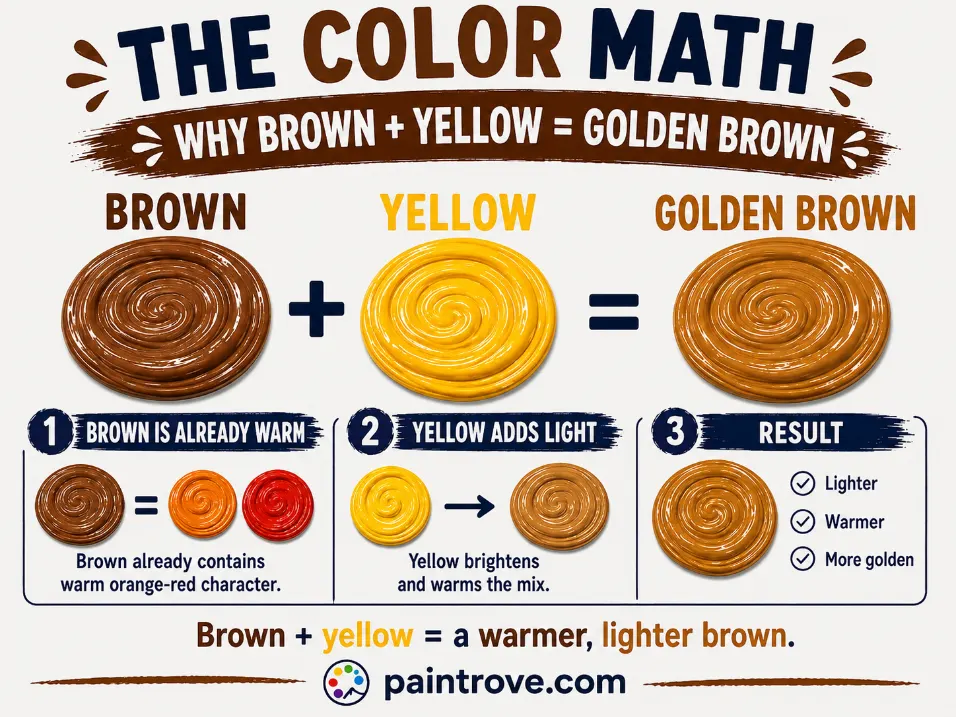 Brown and yellow make golden brown because yellow brightens the warm brown base.