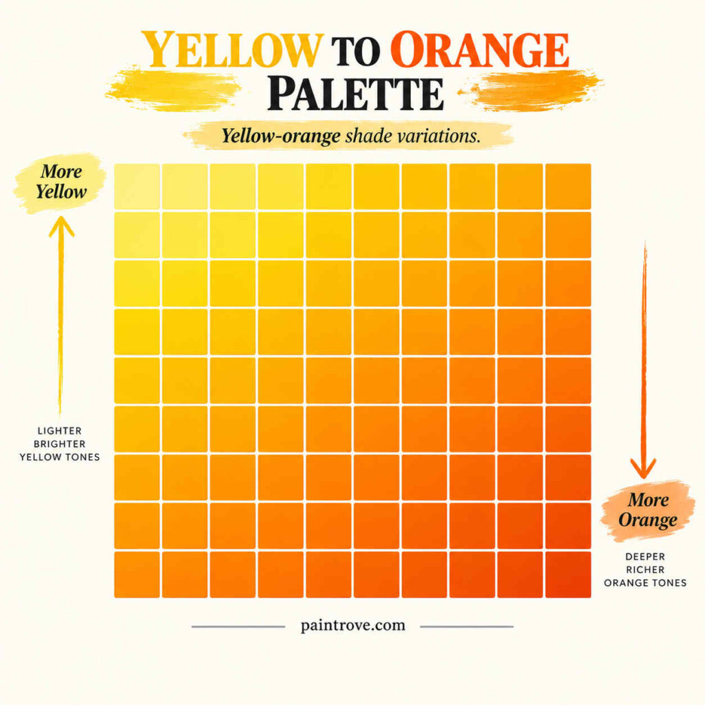 Grid of 100 color swatches blending from yellow to deep orange, showing the full spectrum of yellow-orange and amber tones.
