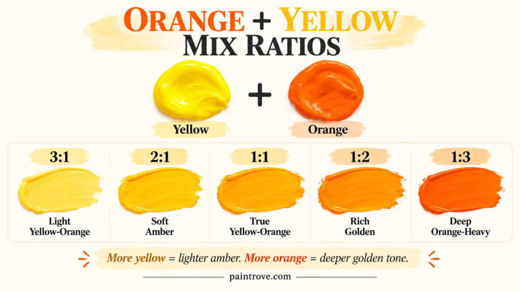 Yellow and orange paint mixing ratios with visual color results
