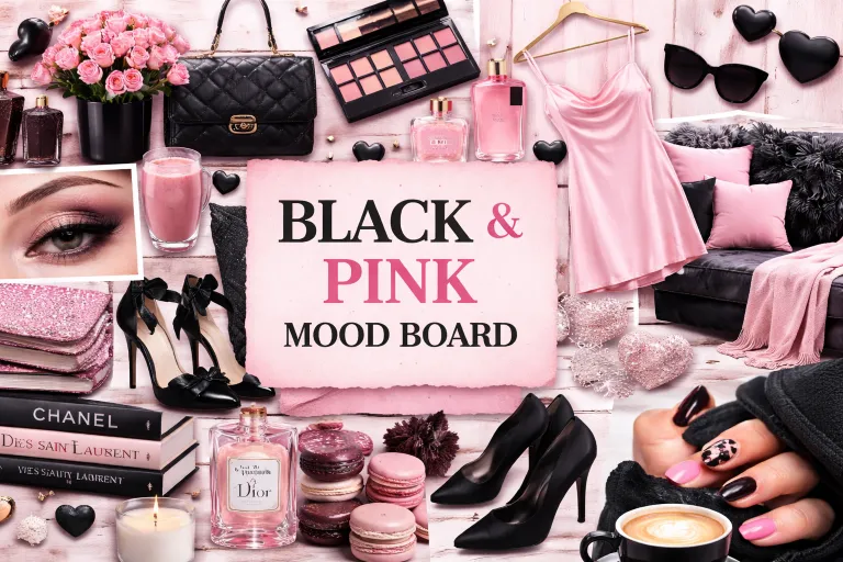 Black and pink mixed together in a mood board of fashion, makeup and home decor in pink and black shades