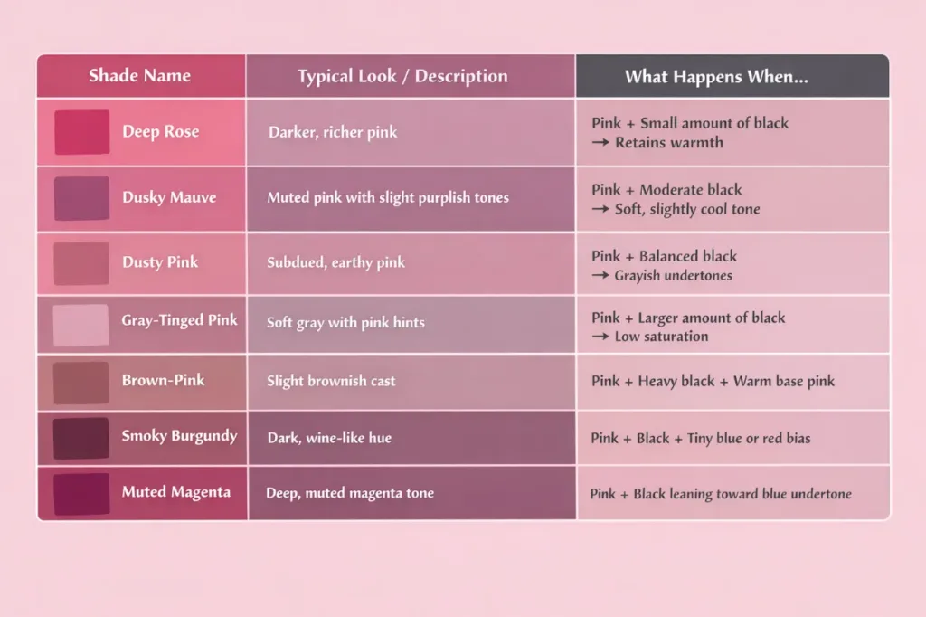 Table of shades from pink and black mixed, including deep rose, dusky mauve, dusty pink and gray-tinged pink