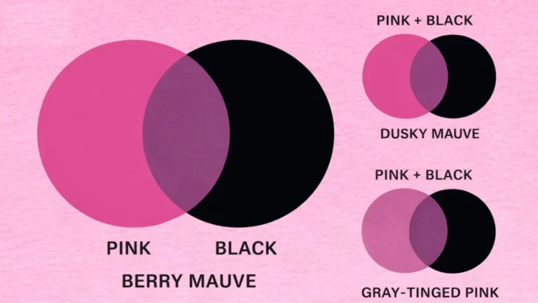 What color pink and black make when mixed, shown as overlapping circles forming dusky mauve, berry mauve and gray-tinged pink