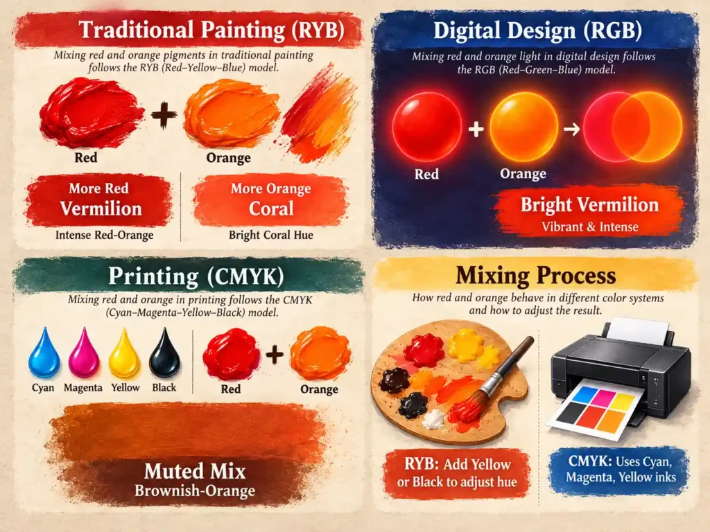 Red and Orange in Paint RYB, RGB and CMYK
